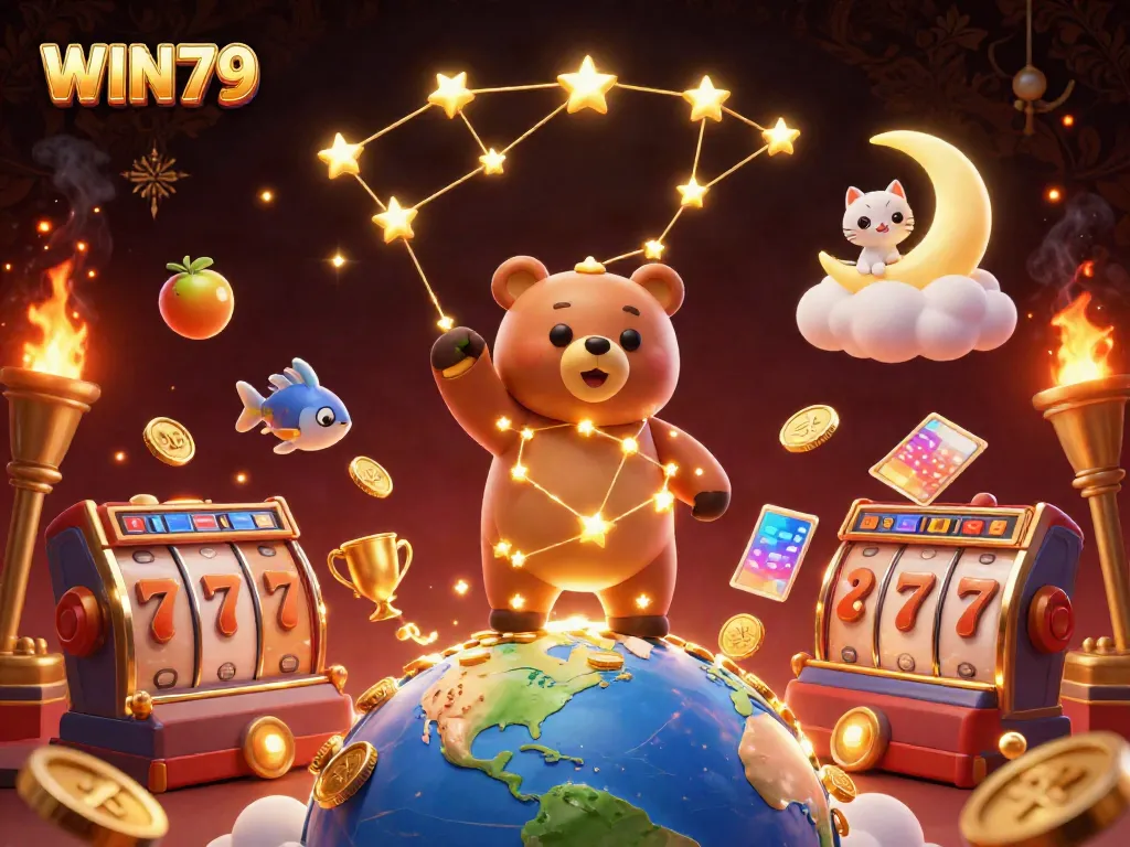 WIN79 constellation bear collecting coins in a vibrant casino world with dynamic slot elements.