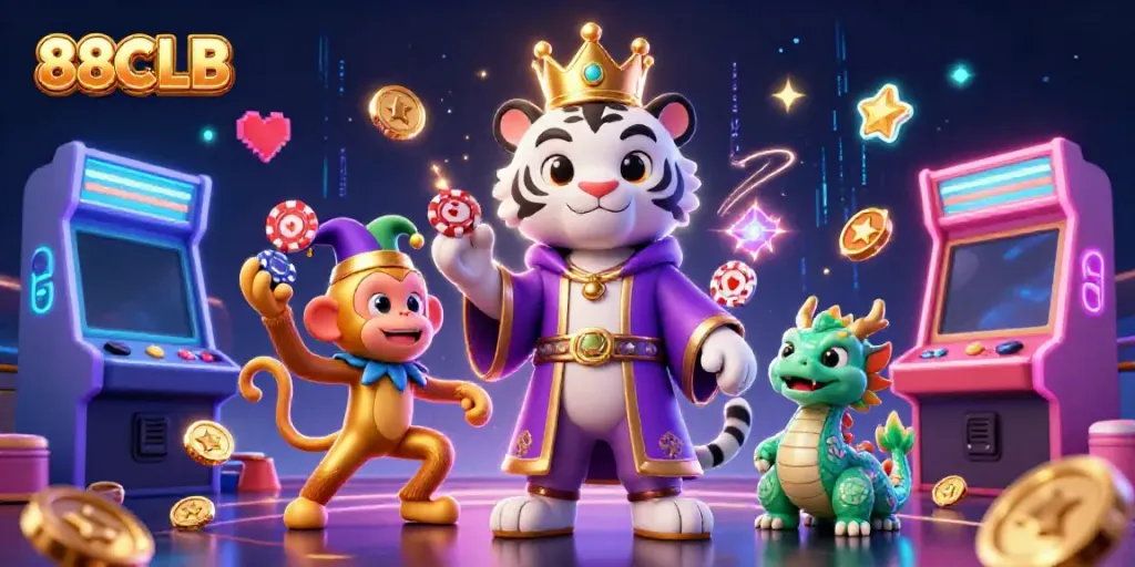 Engage with 88CLB's exotic characters in a vibrant casino-themed illustration featuring a white tiger and a jester.
