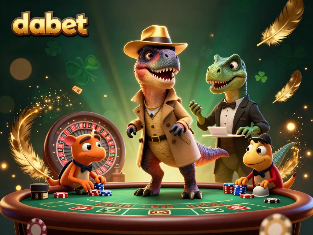 Dabet scene with a velociraptor card counter, stegosaurus pit boss, and a compy pickpocket in a vibrant casino environment.