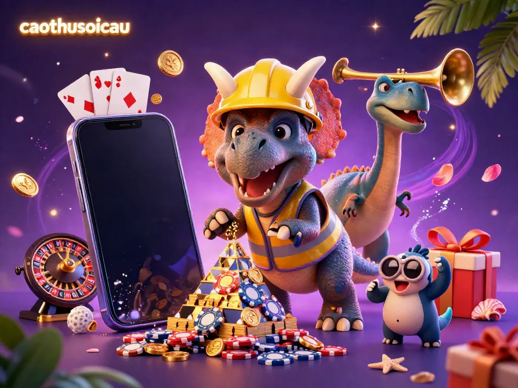 Experience the vibrant energy of caothusoicau with a triceratops building poker chips in a festive casino scene.