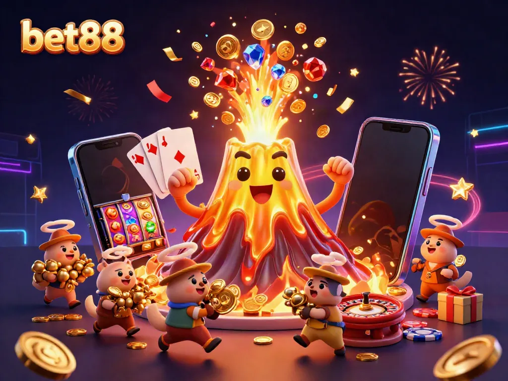 Experience thrilling wins with bet88's vibrant 3D casino scene bursting with treasures and excitement!