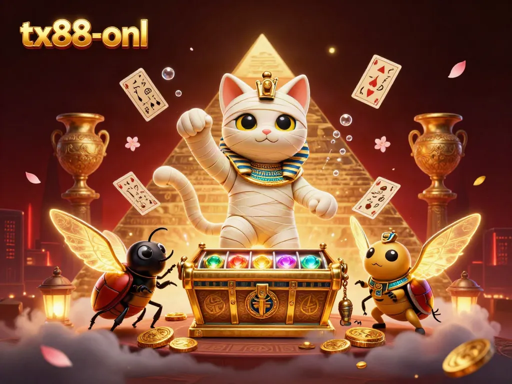 Play exciting games at tx88-onl with a vibrant mummy cat amidst gold and glowing treasures.