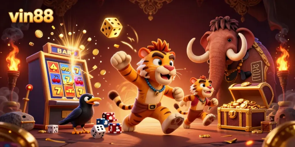 Experience the excitement of vin88 with a vibrant 3D casino scene, bursting with jackpots and thrilling game elements.