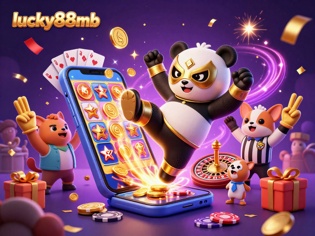 Experience thrilling gameplay at lucky88mb with a scene featuring an animated panda wrestler and exciting casino elements.