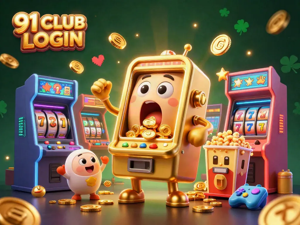 Engage with 91 CLUB LOGIN as a golden slot machine wins big while colorful game elements surround it.
