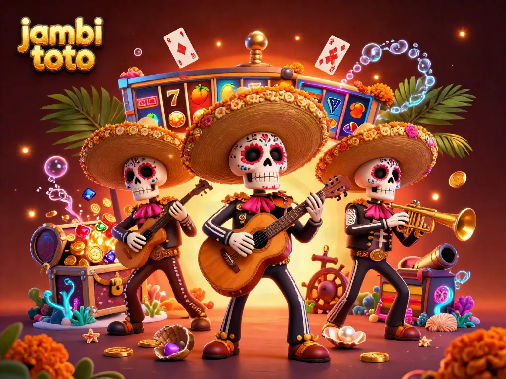 Experience jambi toto's vibrant slots scene with a mariachi band amid gold and gems, celebrating gaming.