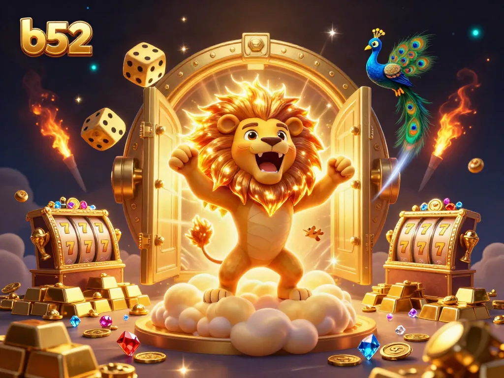 Experience the thrill of b52 gaming with dynamic cartoon lion and golden treasures in a vibrant casino scene.