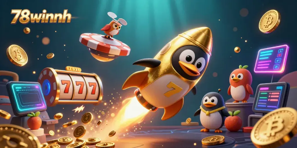 Experience the thrilling adventure at 78winnh with a golden penguin soaring through space, surrounded by casino elements.