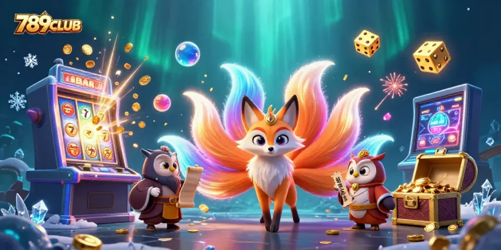 Join the excitement at 789CLUB with a dynamic casino illustration featuring vibrant slot games.