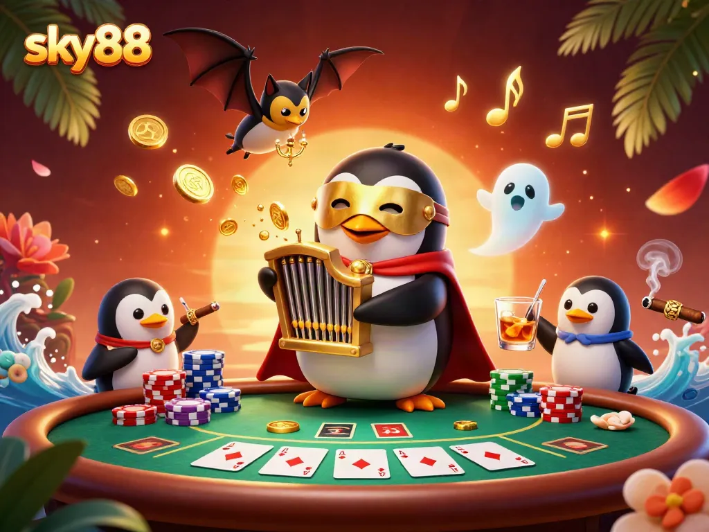 Catching the thrill of gambling, sky88 features a penguin playing a golden pipe organ surrounded by poker elements.