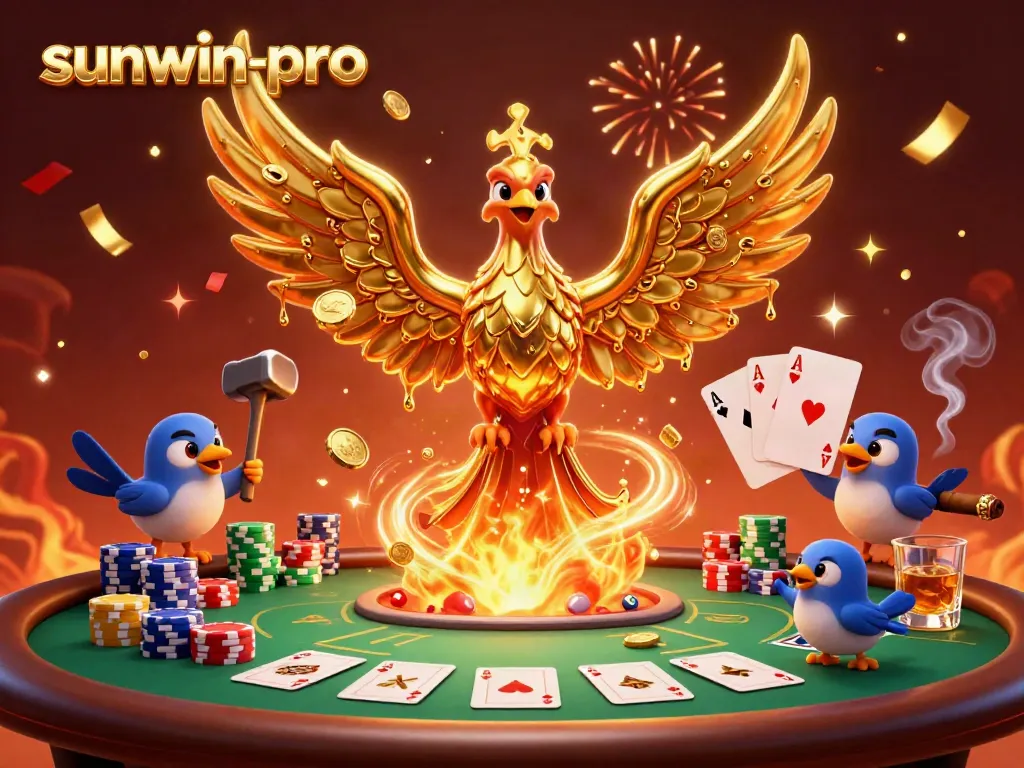 Experience the thrill with sunwin-pro, showcasing a molten metal phoenix emerging from a poker-themed scene.