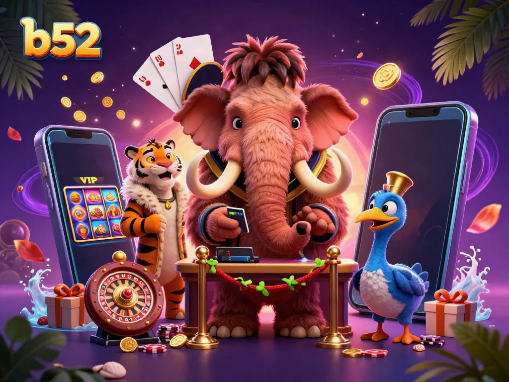 Engaging scene of b52 casino featuring a mammoth bouncer, VIP tiger, and dodo doorman among interactive gaming elements.