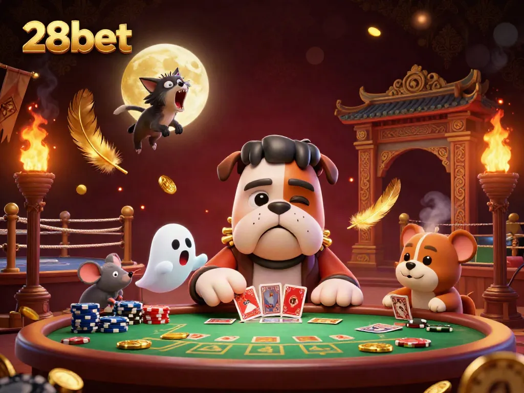 Engage with 28bet's thrilling casino scene featuring a Frankenstein Bulldog dealer, spooky atmosphere, and ghostly mouse.