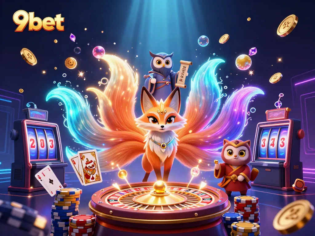 Experience excitement and winnings with 9bet's vibrant casino illustration showcasing thrilling game elements.