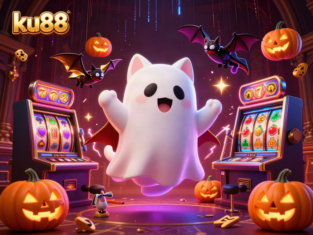Experience the vibrant excitement of ku88 with a 3D illustrated scene of gaming fun and spooky charm in a haunted casino.