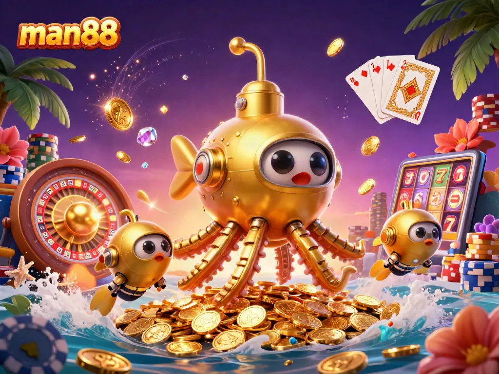 Experience the excitement of man88 with a 3D rendering of a golden kraken submarine amidst cascading coins and vibrant casino elements.