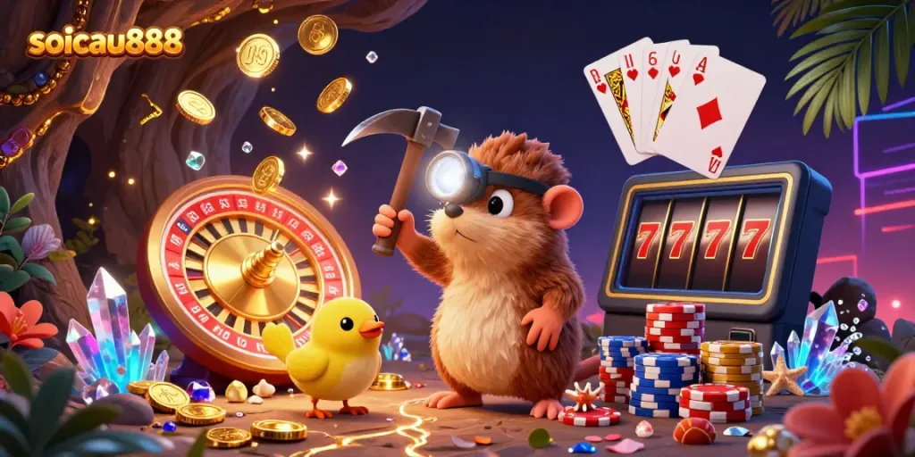 Experience the thrill of soicau888 with vibrant characters and dynamic casino elements in this captivating scene.