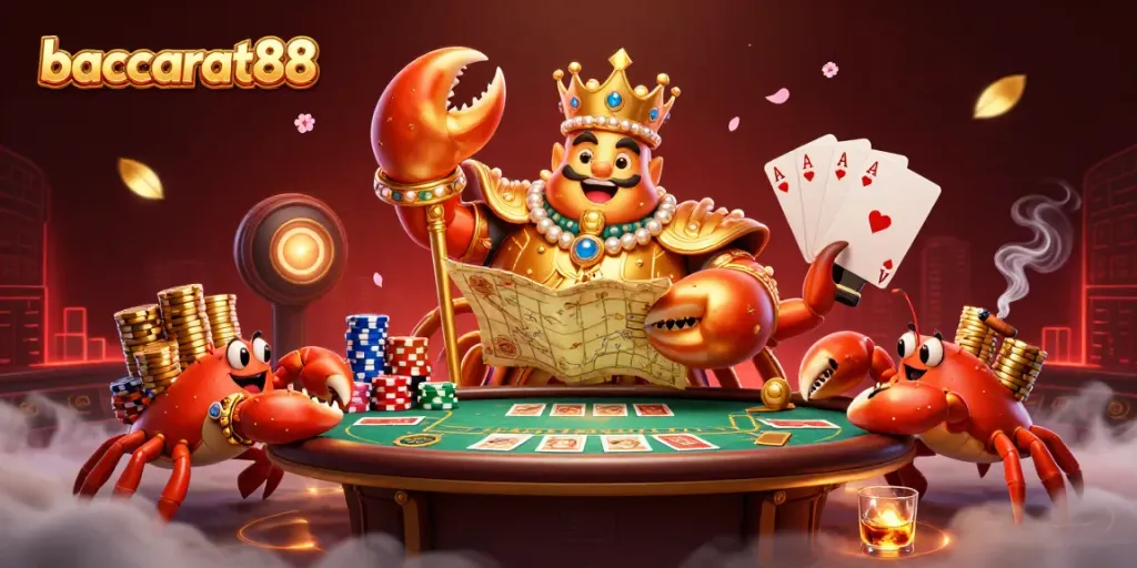 Join the exciting baccarat88 scene featuring a golden crab emperor amid colorful poker elements and dynamic gaming action.