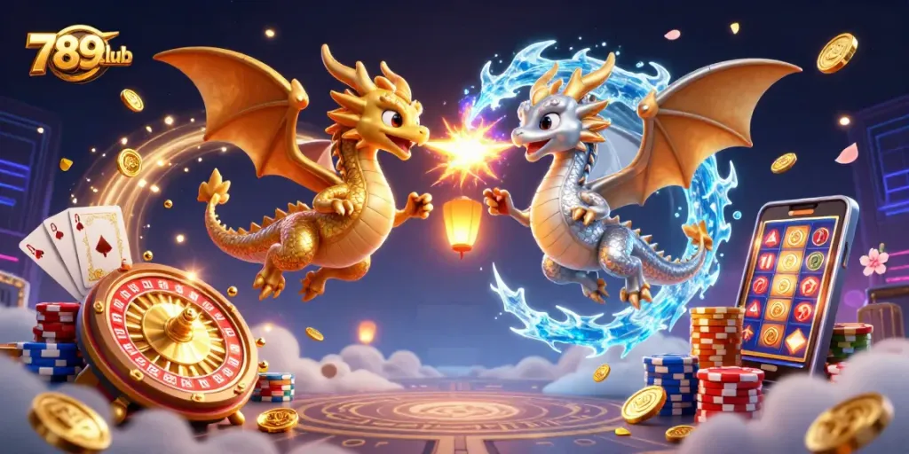 Engage in thrilling gameplay at 789club with dragons, poker chips, and a mystical atmosphere.