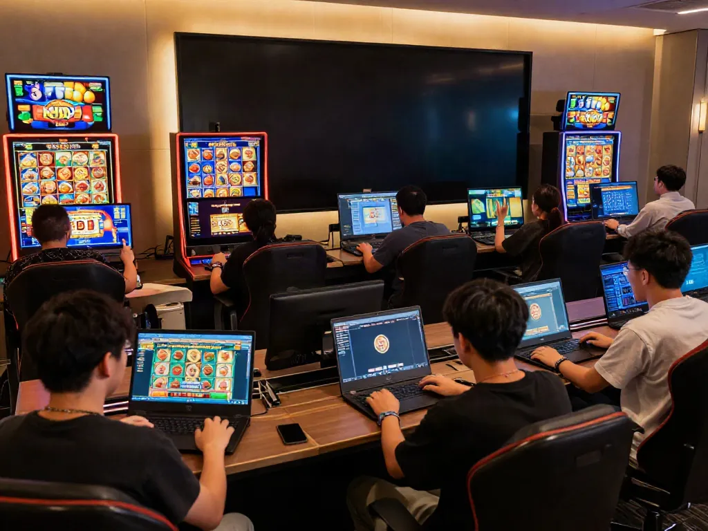 Engaging scene of players enjoying situs slot gacor on various devices in a vibrant gaming environment.