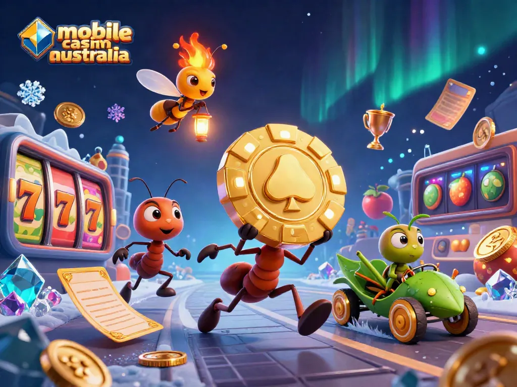 Visualize mobile casino australia dynamics with ants heisting poker chips amid vibrant game elements.