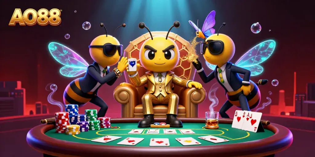 Experience the captivating AO88 casino world with a bumblebee mob boss, poker elements, and luxurious details.