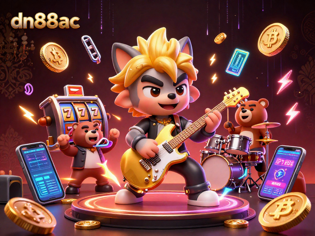 Experience thrilling gaming action at dn88ac with vibrant casino-themed illustration featuring rock star wolf and drummer bear.
