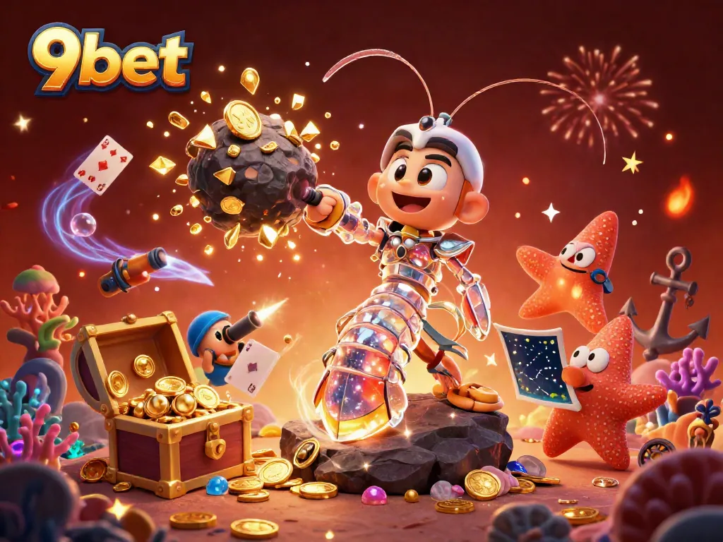 Experience excitement at 9bet with a galactic mantis shrimp winning treasure in a vibrant underwater casino scene.