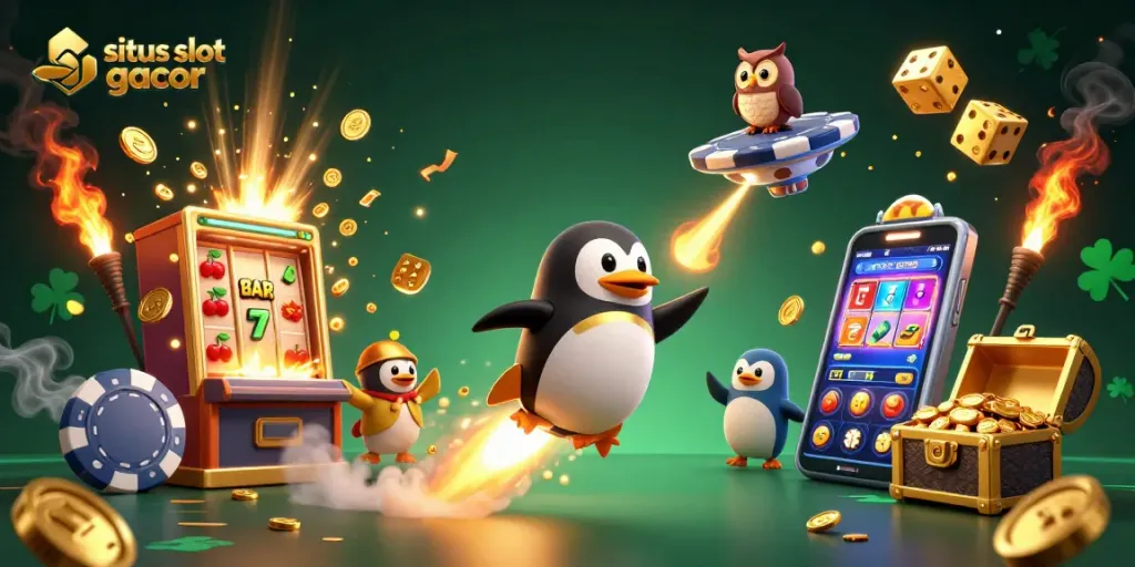 Experience the excitement of situs slot gacor with a vibrant 3D cartoon illustration of a golden penguin and jackpot!