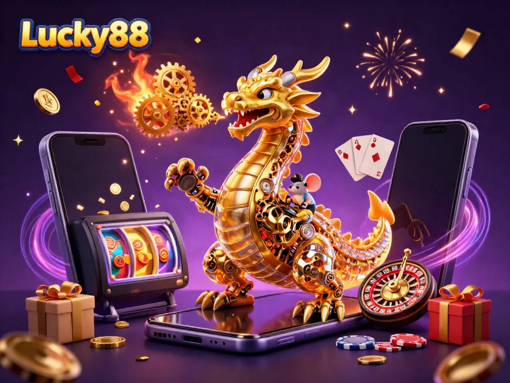 Immerse in the Lucky88 experience with a golden dragon and magical casino elements exploding in vibrant color.