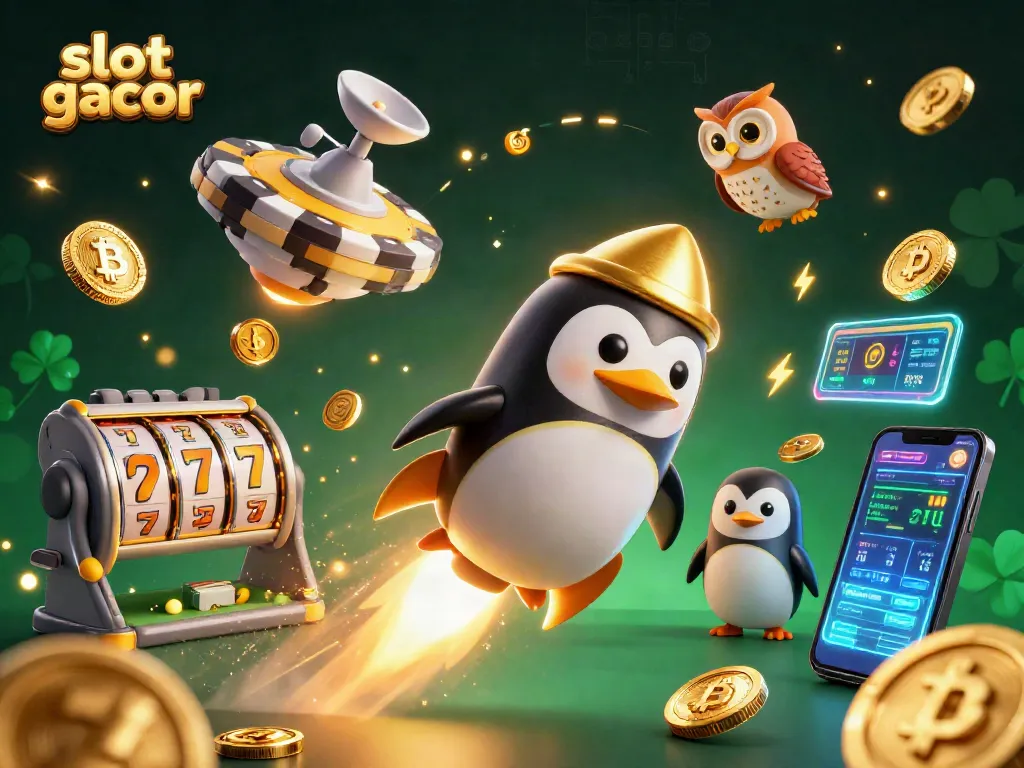 Experience slot gacor like never before with a vibrant 3D casino space scene featuring a golden penguin.