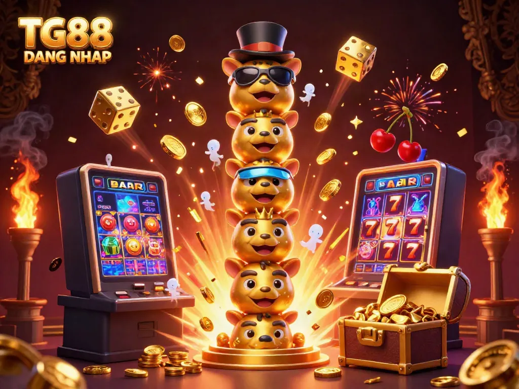 Engage with the thrilling scene of TG88 DANG NHAP featuring a dynamic totem pole amidst an explosion of slot game excitement, showcasing vibrant casino elements.