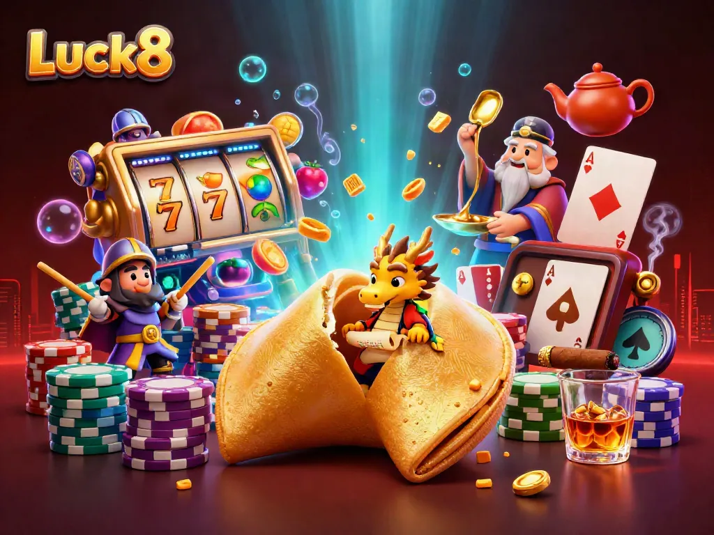 Catch winning opportunities at Luck8 with a vibrant illustration of golden fortune cookie, busy chip stacks, and lively slot elements.