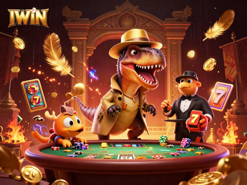 IWIN game scenario featuring a velociraptor card counter and dinosaurs in a vibrant casino setting.
