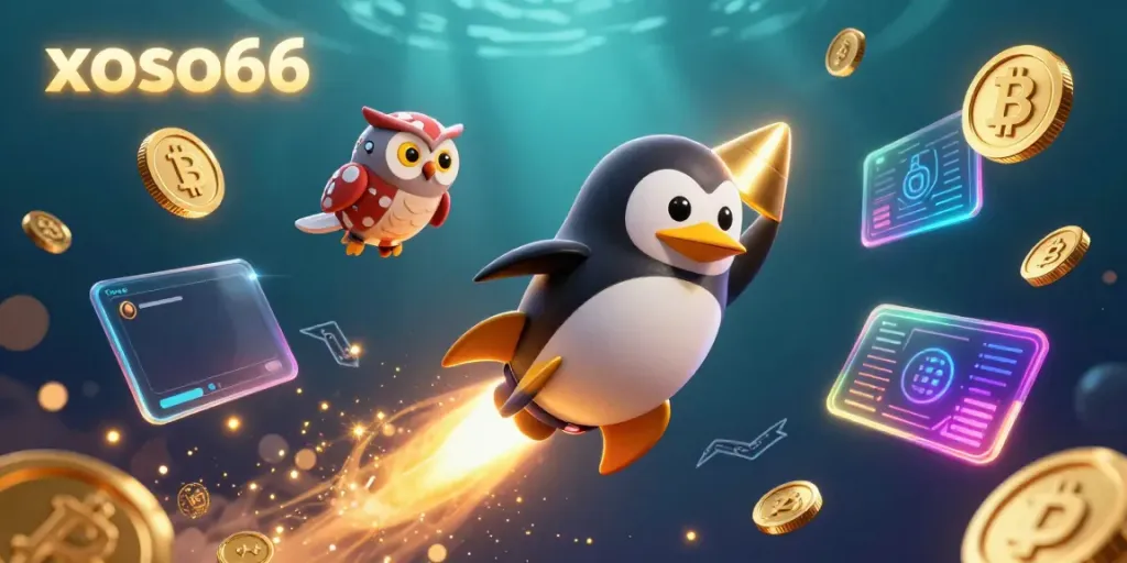 Xoso66 provides an exciting scene with a golden penguin and poker chip casino, showcasing dynamic gambling excitement.