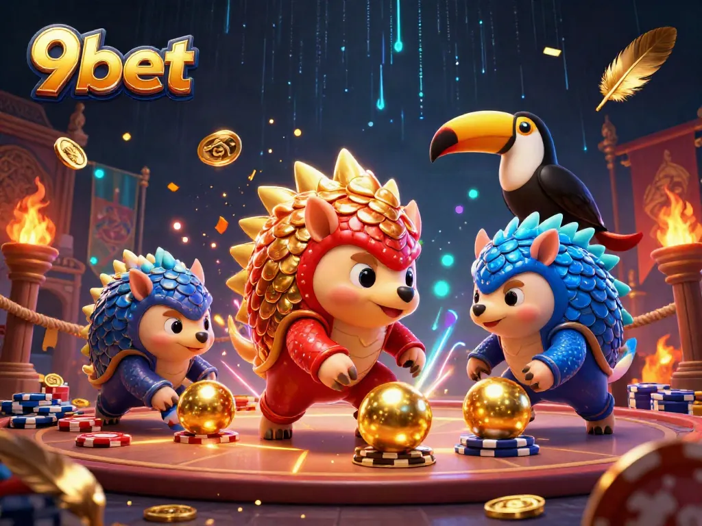 Experience the thrilling rivalry of pangolins in a vibrant 9bet casino scene, rolling through poker chips.