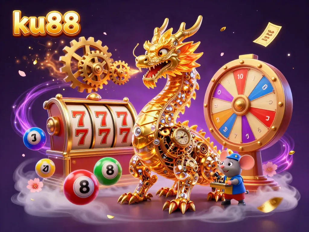 Engage with ku88's exciting slot and lottery dynamics in a vibrant 3D illustration.
