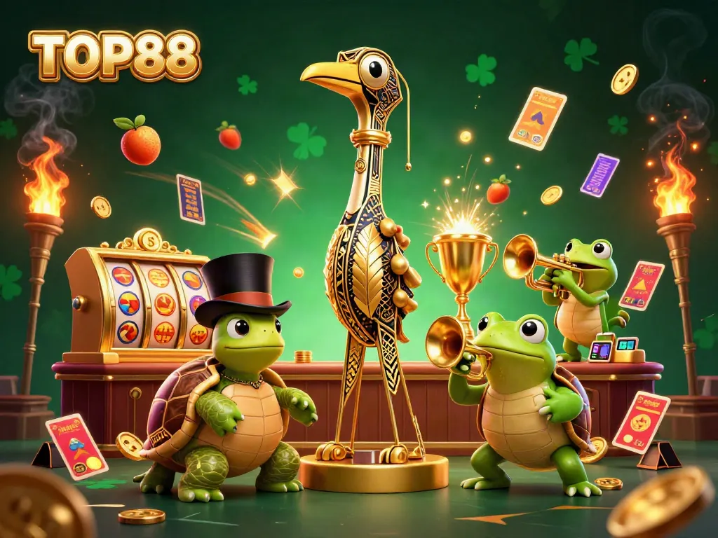 TOP88 showcases a lively casino scene with characters and slot machines, attracting players to win!