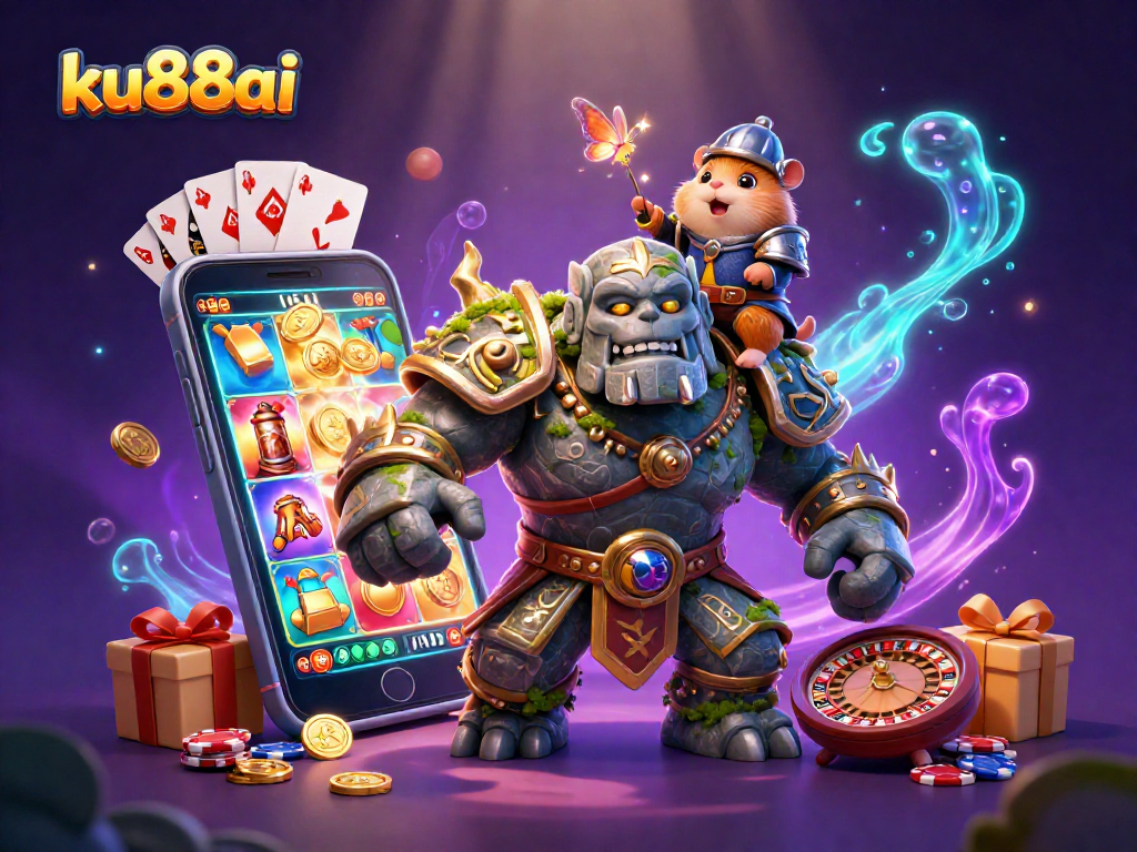 Engage with ku88ai through vibrant slot games and magical characters in this detailed 3D illustration.