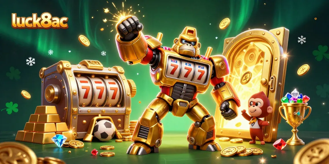 Experience exciting wins with luck8ac, featuring a golden gorilla mech amidst dazzling casino elements.