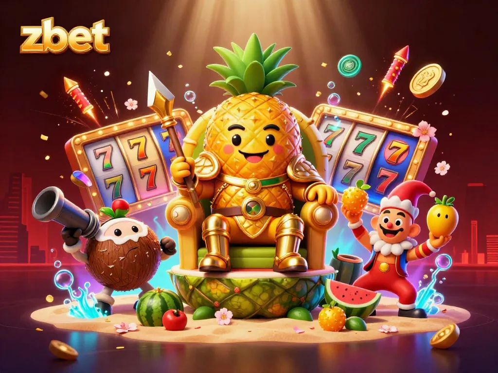 Zbet's vibrant online casino scene with a golden pineapple king and tropical elements captivating players.