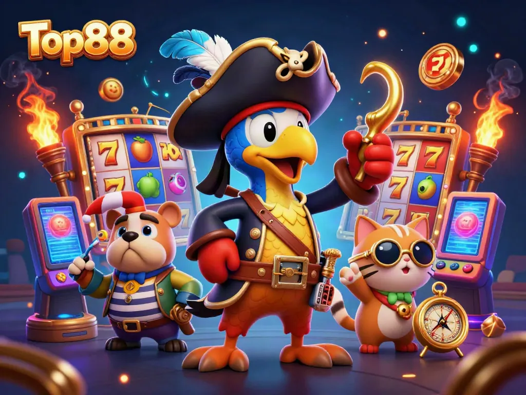 Experience the excitement of Top88 with our vibrant 3D casino illustration showcasing slot games and animated characters.