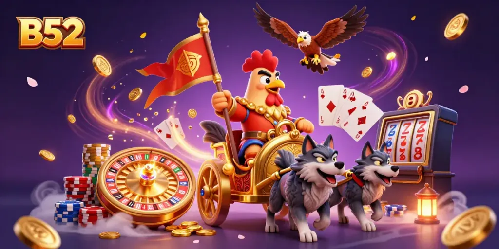 B52 online casino features a cartoon rooster warlord in a golden chariot amid a vibrant gambling scene.