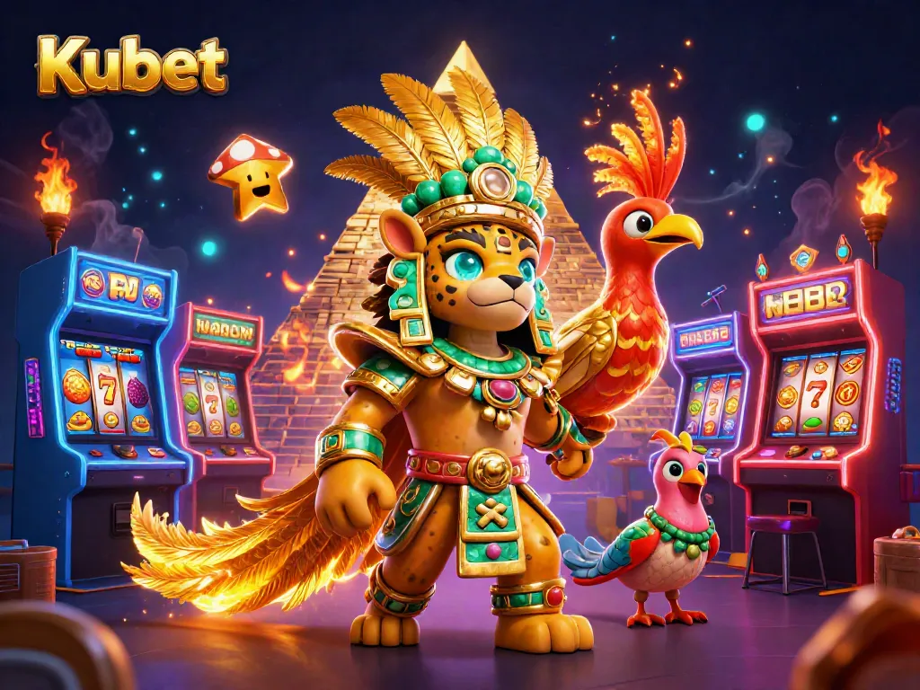 Kubet casino illustration featuring a Mayan jaguar priest, quetzal bird, and casino elements.