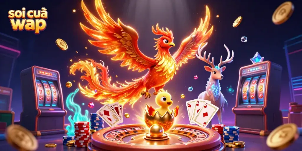 Soi cầu wap illustrations featuring vibrant phoenix and casino elements for lottery enthusiasts.