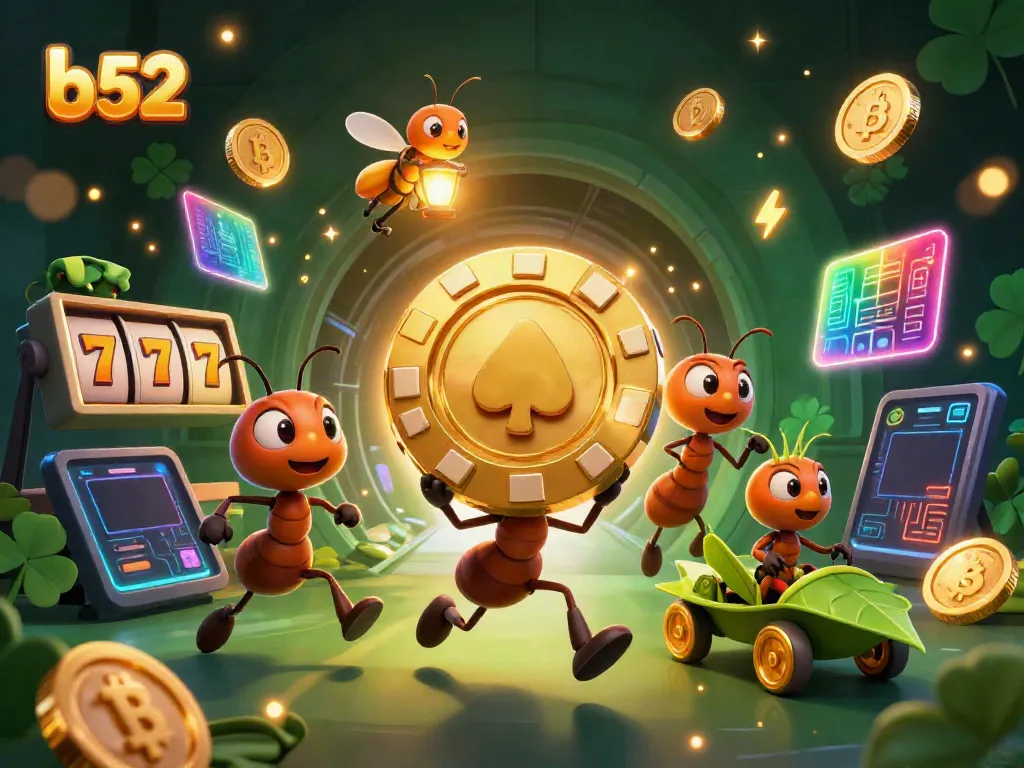 Ants escaping with a golden poker chip at b52 online casino, surrounded by vibrant gambling elements.