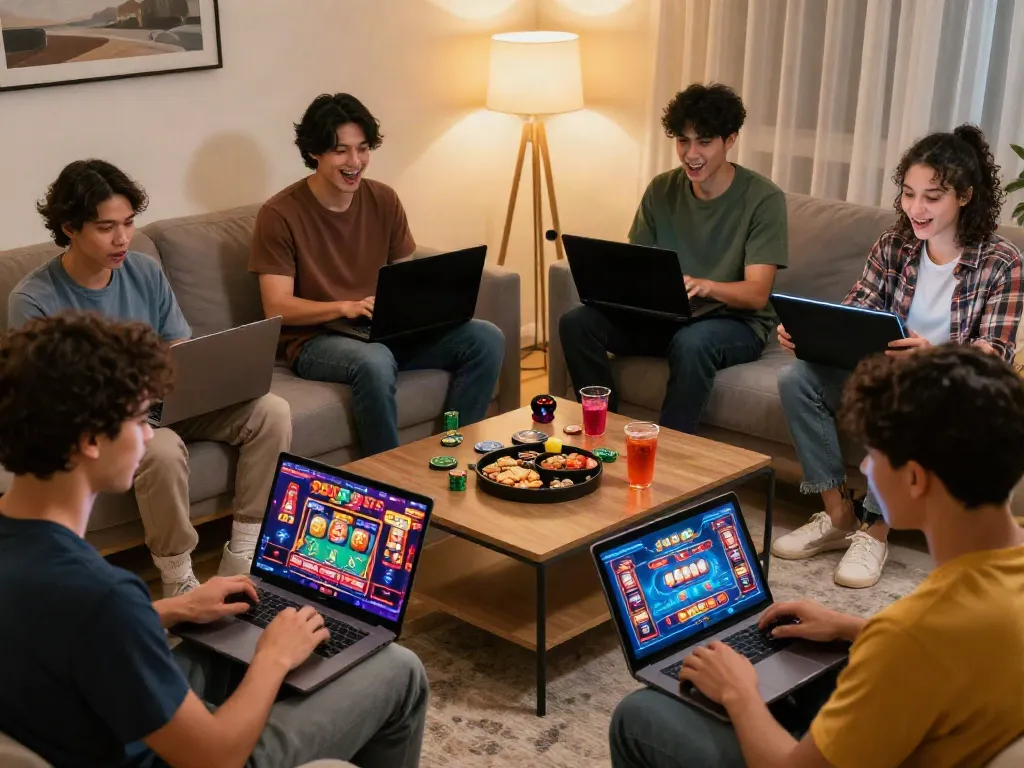The lively online gaming interaction at https://man881.jp.net/ showcases various players enjoying casino games on multiple devices in a cozy atmosphere.