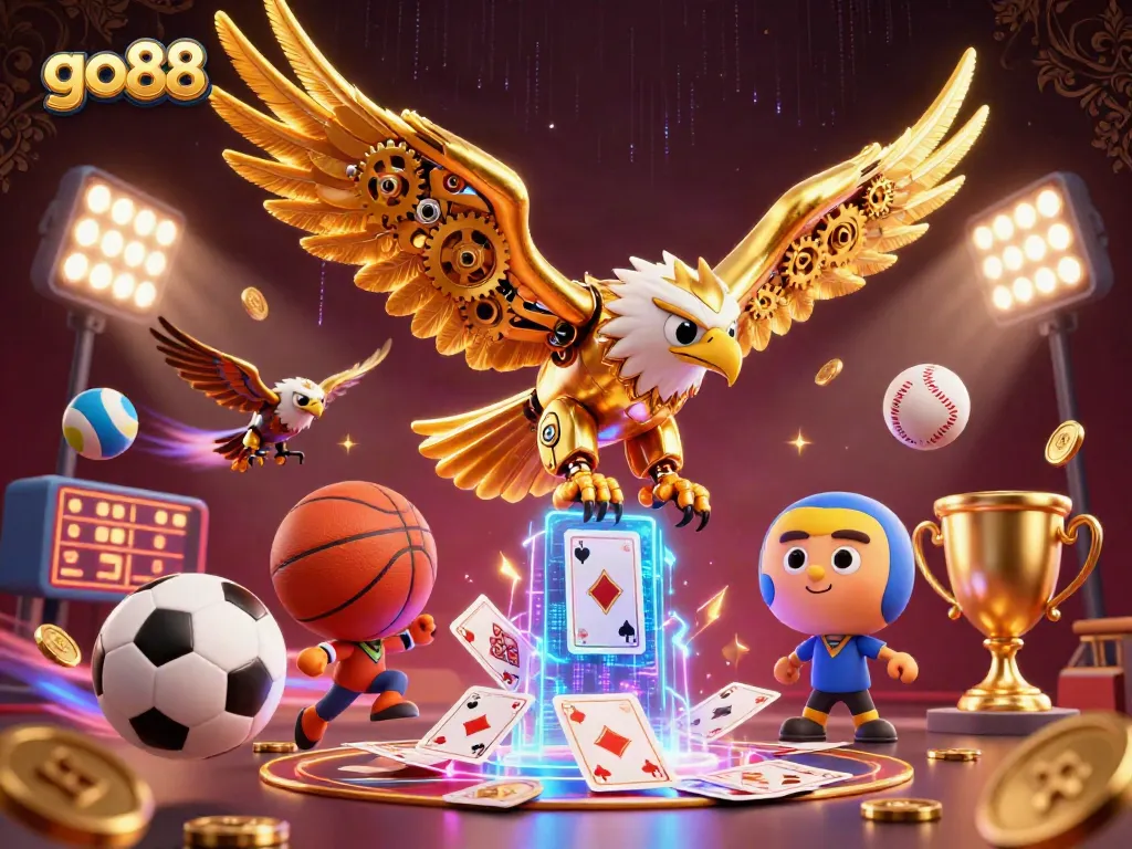 Engage with go88's dynamic casino action featuring a 3D cybernetic eagle and holographic cards.