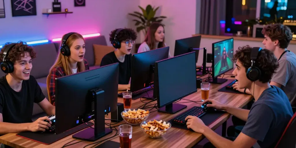 Group of friends enjoying a live esports tournament at https://five888vin.com/ with snacks and excitement.