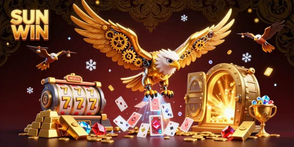 Experience the thrill of SUN WIN with golden treasures and dynamic gameplay elements in this vibrant 3D scene.